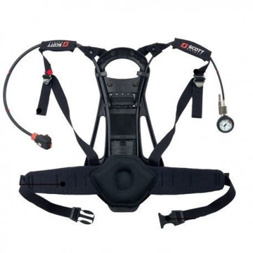 ProPak-i self contained breathing apparatus for single cylinder use, comprising lightweight rigid backplate with cylinder band and fully adjustable body harness: Two stage pneumatic system comprising Tempest automatic positive pressure demand valve with bypass: shoulder mounted pressure indicator and 55 bar warning whistle: first stage pressure reducer with single high pressure 200/300 bar cylinder connector.  Harness fabricated from hard wearing flame retardant Kevlar blend webbing and apparatus features unpadded upper shoulder straps a padded waistbelt and lumbar padding.  Apparatus accepts full range of Scott breathing apparatus cylinders from 4.7 to 9 litres capacity,200 or 300 bar.* Apparatus is CE Marked to EN137:2006 Type 2 and MED approved.